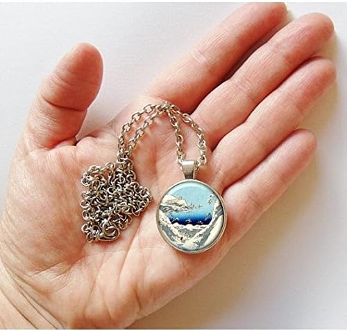 Hand Made Pendant Necklace Japanese Woodblock Style Vintage Print Landscape Blue White Also Available As Earrings
