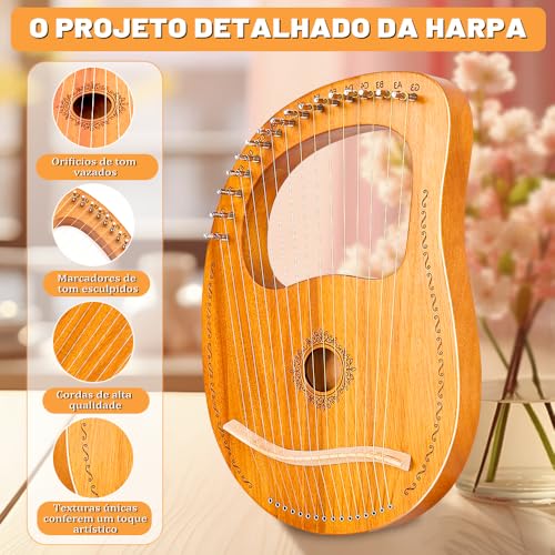 Harpa de Lira 16 Cordas com Chave de Afinação de Bolsa, Harpa de Lira de Madeira de Mogno, Mini Instrumento de Harpa