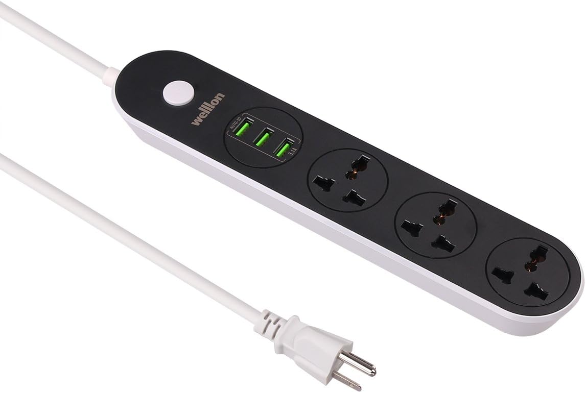 Welllon 3-Outlet Surge Protector Power Strip 6ft Extension Cord with 3 Smart USB Ports Charging Stations