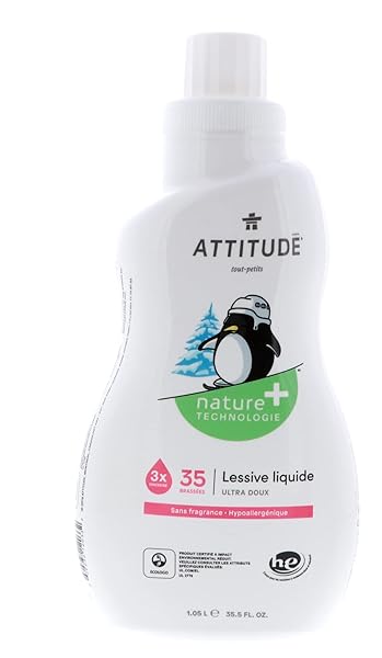 ATTITUDE BABY LAUNDRY DETERGENT, EWG VERIFIED, PLANT AND MINERAL-BASED FORMULA, HE COMPATIBLE, VEGAN HOUSEHOLD PRODUCTS, UNSCENTED, 35 LOADS, 35.5 FL OZ