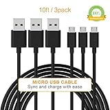 KinpsPremium High Speed Black Micro USB Data Charging Cord Cable for Android, Samsung, LG, HTC, Motorola, Sprint, Sony, Blackberry and Other Tablet Smartphone (10FT- 3 Pack)