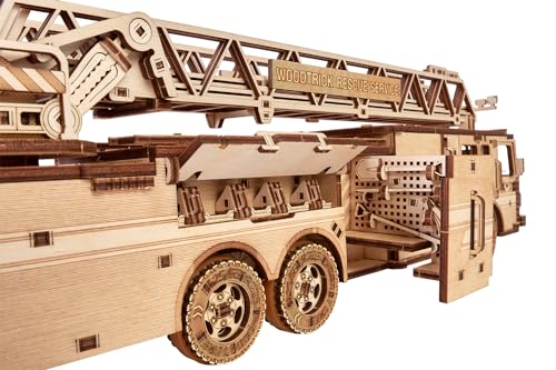 Wood Trick Movable Rescue Fire Truck - Extendable Swivel Ladder - 3D Wooden Puzzle for Adults and Kids to Build - Walks Up to 20 Feet - Wooden Models Engineering