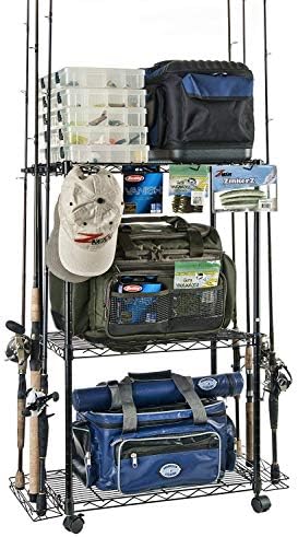 Organized Fishing Adjustable 3-Shelf Rolling Tackle Trolley for Fishing Tackle Storage, Holds up to 12 Fishing Rods, WFR-012 (1 Unit)