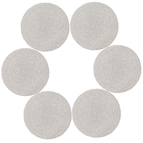 Topotdor Round 15 Inch Cotton Braided Placemats Heat-Resistant Stain Resistant Anti-Skid Washable Polyproplene Table Mats(Cream-White, Set of 6)