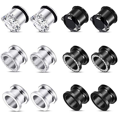 Longbeauty 12PCS CZ Gems Ear Tunnels Plugs Gauges Stainless Steel Expander Stretcher Piercings 2g