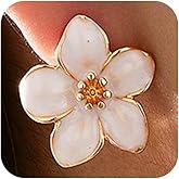 Cute White Enamel Flower Petal Gold Stud Earring for Women Statement, Boho Charm Red Floral Dangle Earrings Trendy Hoilday Costume Accessories Jewelry