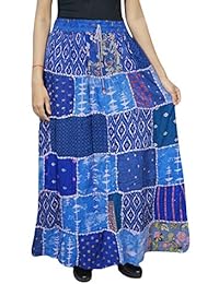 Women's Long Skirt Blue Patchwork Handmade Boho Chic Maxi Skirts S/M