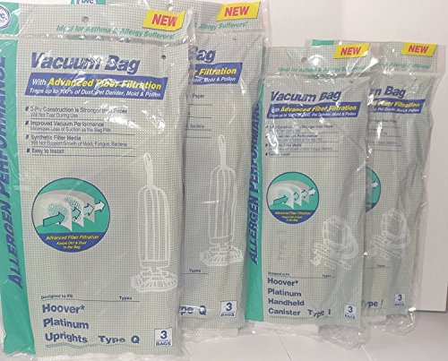 12 ALLERGEN BAGS 6 TYPE I AND 6 TYPE Q BAGS REPLACES HOOVER PART NUMBERS AH10000 AND AH10005 DESIGNED TO FIT HOOVER PLATINUM UH30010COM