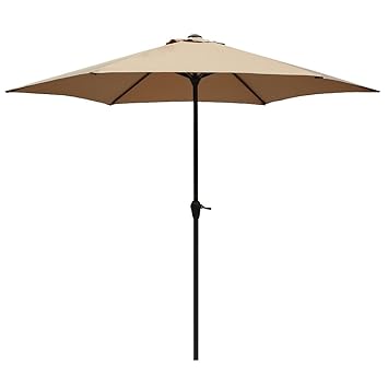 Le Papillon 9 ft Outdoor Patio Umbrella Aluminum Table Market Umbrella 6 Ribs Crank Lift Push Button Tilt, Beige