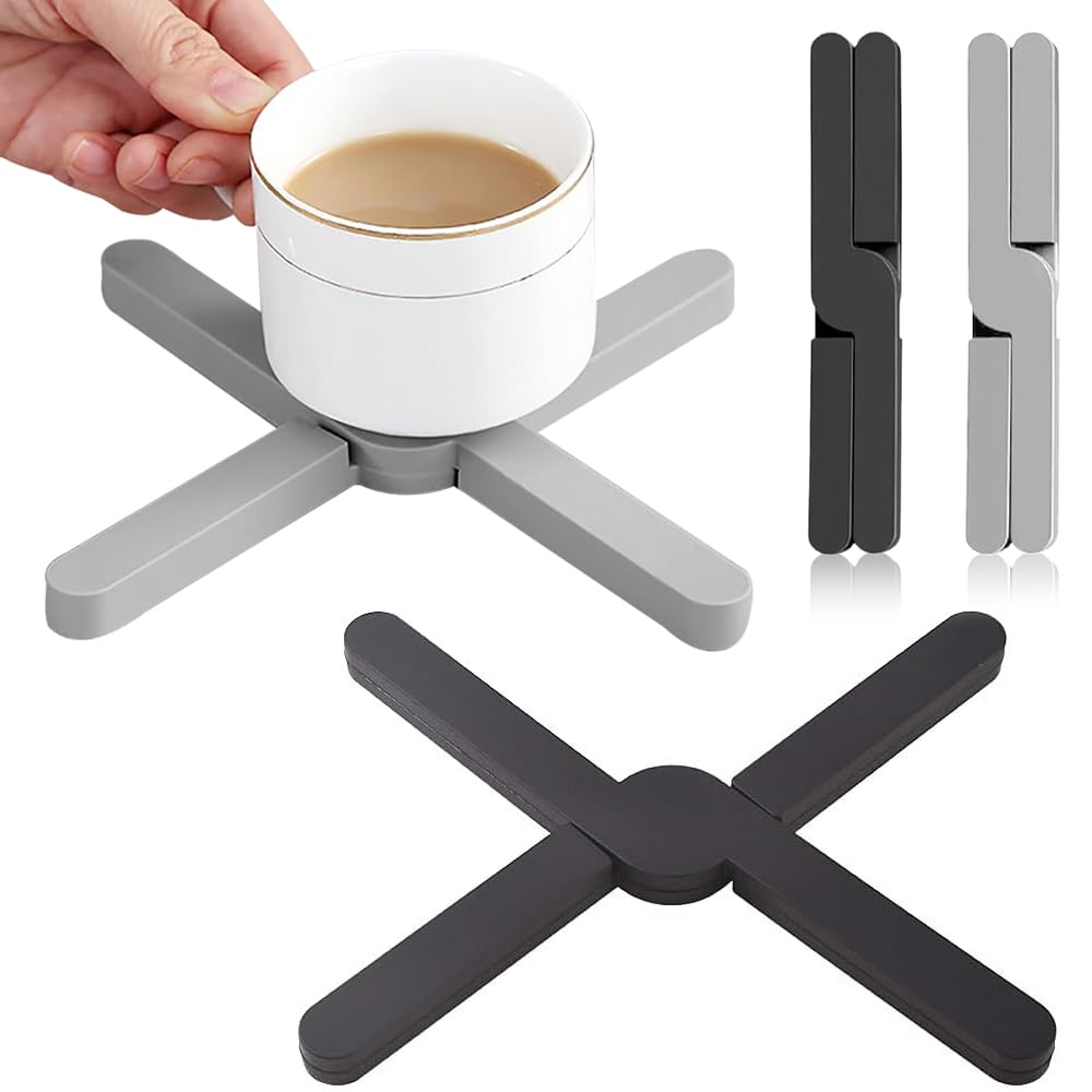 Folding Silicone Trivet, 4 Pack Folding Pot Stand, Eco Expanding Silicone Pot Holder Non Slip Pot Holder for Hot Pans Cup Dishes Plates(Gray Black)