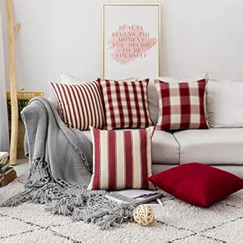 Home Brilliant Decorative Pillow Covers Red Christmas Throw Pillow Covers for Girl's Room Linen Textured Farmhouse Patterned Cushion Covers for Holiday, 18 x 18 inch(45cm), Crimson, Pack of 5