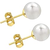 HAINBAG Freshwater Pearl Stud Earrings for Women, Hypoallergenic Earrings Studs with Genuine Round White Pearls