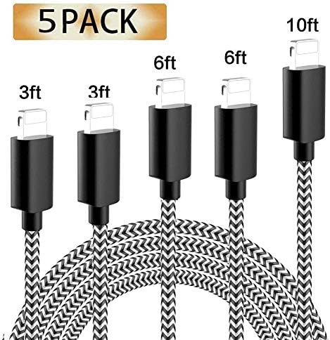 iPhone Charger, MFi Certified iPhone Cable 5 Pack [3/3/6/6/10FT] Extra Long Nylon Braided USB Charging&Syncing Cord Compatible with iPhone Xs Max/XS/XR/7/7Plus/X/8/8Plus/6S/6S Plus/SE Black&White