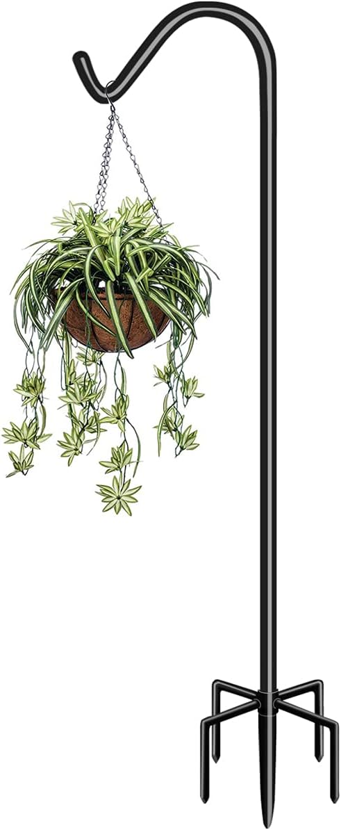 Outdoor Shepherd's Hooks - Garbuildman 76 Inch Tall Shepherd Hooks with 5-Forked Base, Adjustable Heavy Duty Bird Feeder Pole Stand Hanger for Outdoor, Shiny Black, 1 Pack