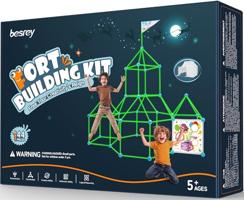 Besrey 144-Piece Fortress Building Kit for Children with Launch Game, Glow in the Dark, Castle and Tunnel Buildings, Play Tent Children 5+ Years, Creative Play, Child Gift