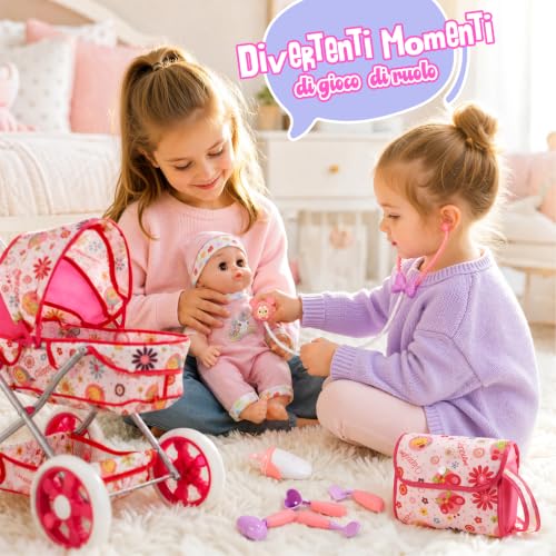 HappyGoLucky Baby Stroller with 28 cm Doll, Clothes and Accessories Dolls Roleplay Girl 3-7 Years Dolls Pram Gift Girl 2-8 Years Toys Child