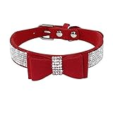 Beirui Rhinestone Bling Leather Dog & Cat Collar - Red Flocking Sparkly Crystal Diamonds Studded - Cute Double Pink Bowknot - Perfect for Pet Show,Wedding,Walking,Medium Neck for 12.5-15
