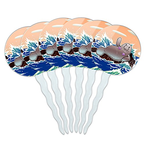 Waving Manatee Mermaid On Rocks And Waves Funny Cupcake Picks Toppers Decoration Set of 6