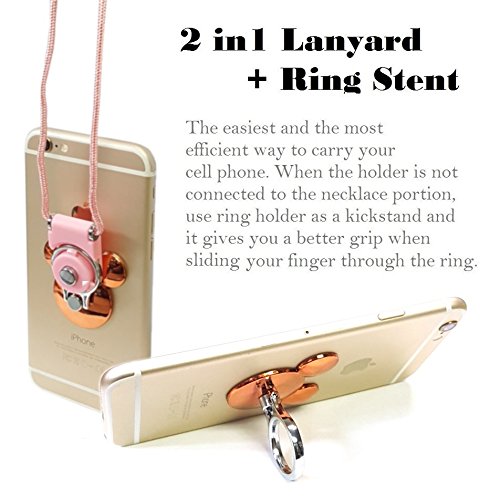 AccessoryHappy Mickey Ear 2 in 1 Phone Lanyard & Ring Stent, Cell Phone Tether Neck Strap Holder Ring Stent Kickstand for iPhone 5 6 6S 7 8 8 Plus Galaxy S7 and Other Mobile Phones (Rose Gold)