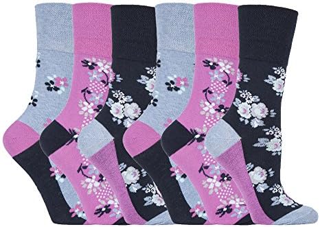 NEW: 6 Pairs Ladies Gentle Grip No Elastic Socks 4-8 uk, 37-42 eur (GG95 Floral Denim)