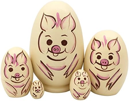 Pivizon 5pcs Egg Shape Cute Animal Russian Nesting Dolls Wooden Handamde Matryoshka Nested Dolls for Kids Toy Birthday Christmas Gift (Pig)