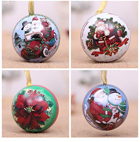 LUCKSTAR 9Pcs Tinplate Round Ball Boxes, Reindeer Santa Tree Hanging Decorations for Show Window,Family Gathering,Office