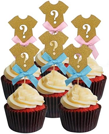 Glitter Gender Reveal Cupcake Toppers 24Pcs/Set, Gender Reveal Baby Shower Party Cake Food Decoration Supplies