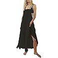 ebossy Women's Laced Embroidered Tulle Bib Dress Casual Loose Adjustable Straps Maxi Dress