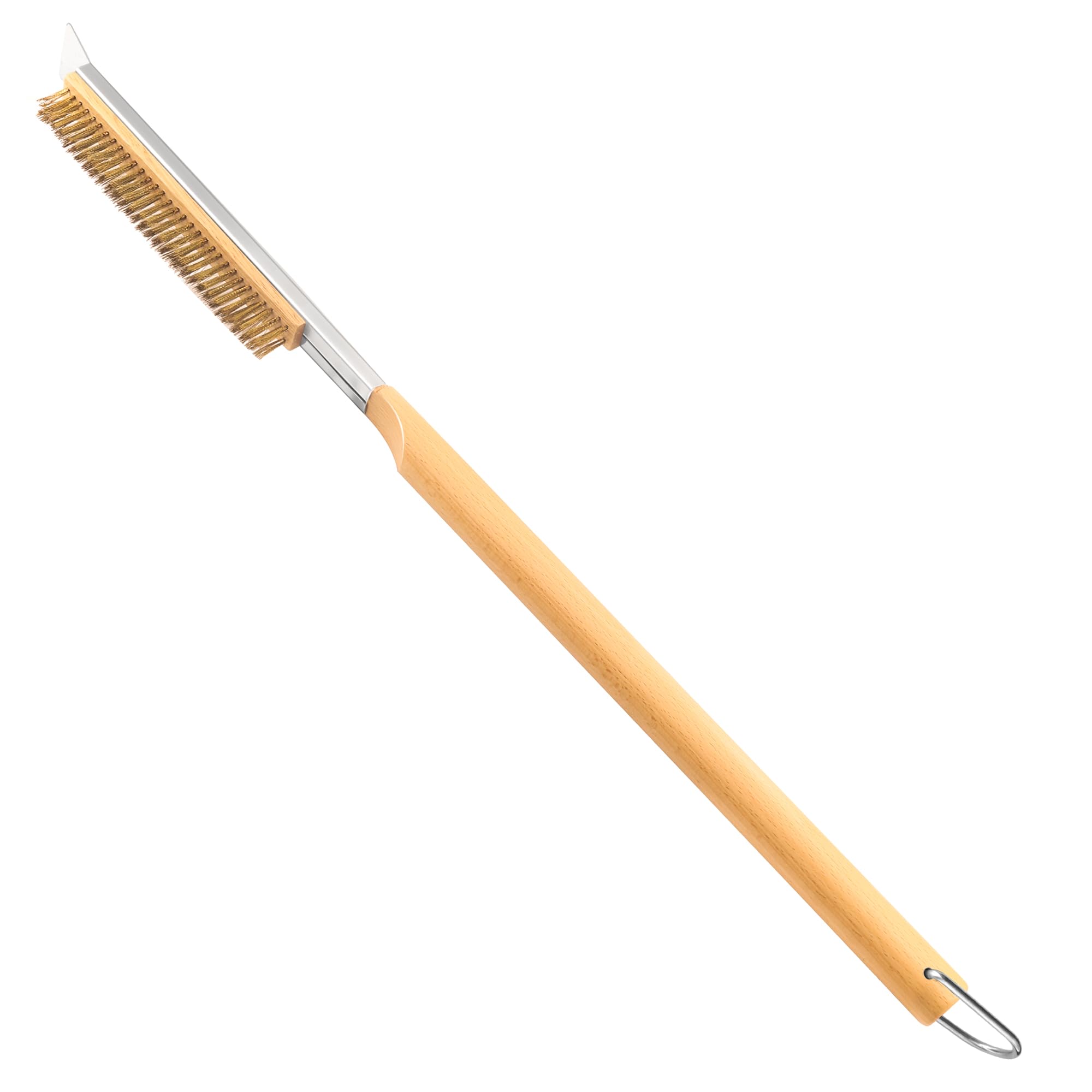 Photo 1 of 26'' Pizza Brush with Stainless Steel Stone Scraper - Brass Bristles - Wood Handle - Hanging Ring - Outdoor Pizza Oven Accessory - Compatible with Ooni, Gozney, Blackstone, Solo Stove Ovens