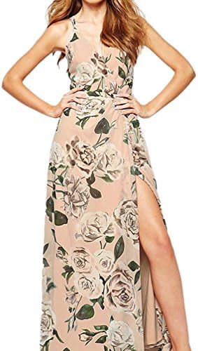 Gressa Womens Deep V Neck Backless Rose Printed Split Side Holiday Maxi Dress US/10