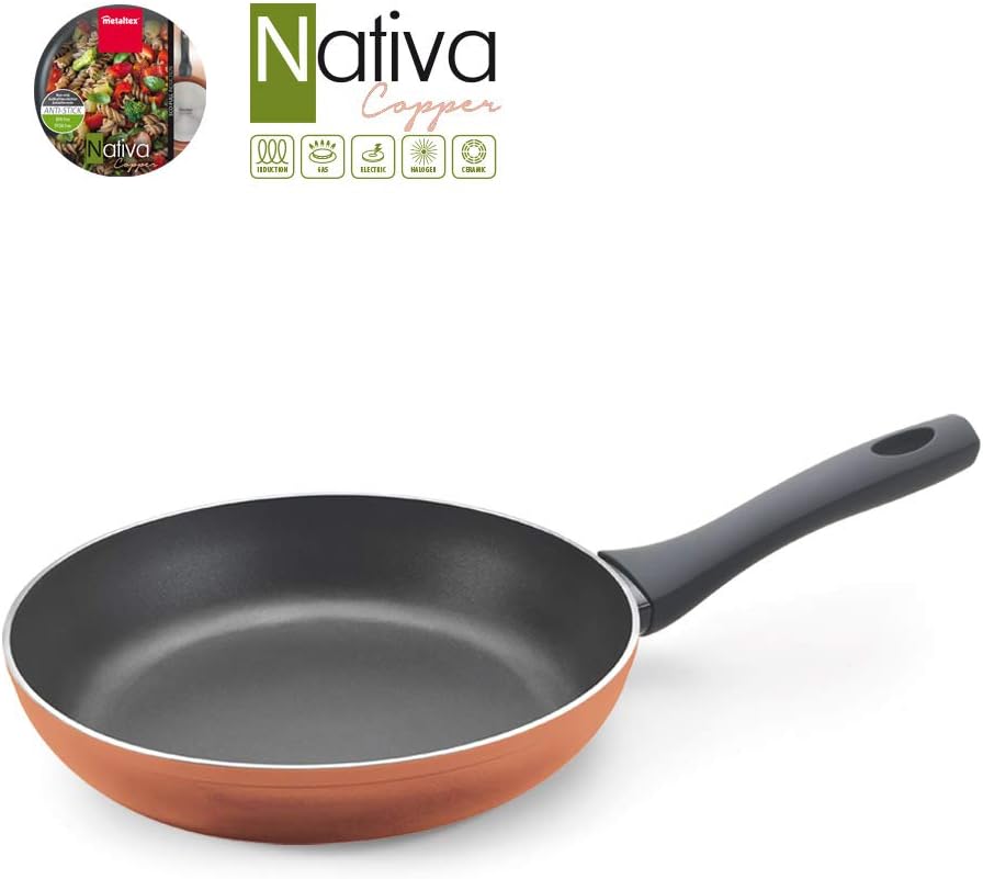 Metaltex NATIVA Copper-Sartén Aluminio Forjado, 24 cm, 2 Capas Antiadherente, Full Induction válido para Todo Tipo de cocinas, Acabado en Color Cobre
