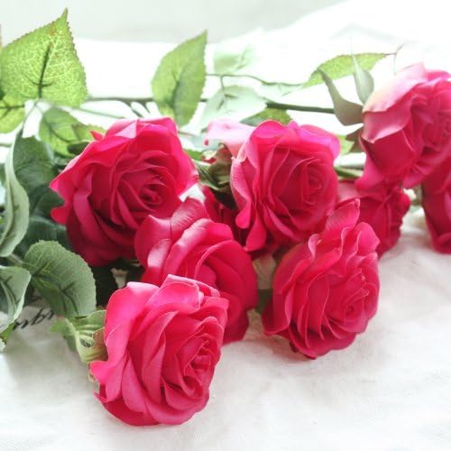 Golden Lotus 10 Pcs Romantic Real Touch Artificial False Latex Silk Blooming Roses Bouquet Floral Leaf for Home Wedding Party Garden Bridal Hydrangea Decorations DIY (Fushia rose)