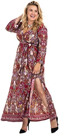 MK Womens Plus Size Long Sleeve Wrap Long Maxi Dress With Belt