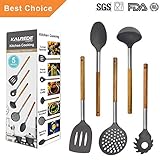 KALREDE Kitchen Utensils Set 5 Piece - Non Stick Nylon Cooking Utensils Set –Heat Resistant Kitchen Tools Set With Wooden Handle Including Spatula, Pasta Server, Deep Ladle, Strainer And Spoon( Gray