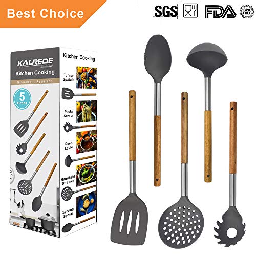 KALREDE Kitchen Utensils Set 5 Piece - Non Stick Nylon Cooking Utensils Set –Heat Resistant Kitchen Tools Set With Wooden Handle Including Spatula, Pasta Server, Deep Ladle, Strainer And Spoon( Gray