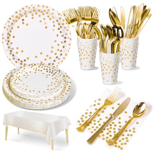 Nkaiso 141Pcs White Gold Party Plates and Napkins