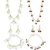 HOBBIESAY Strawberry Cherry Fruit Earrings Pendant Necklace Cherry Drop Dangle Earrings Necklace Set Cherrys Stud Earring Jewelry Sets for Women Jewelry Gifts