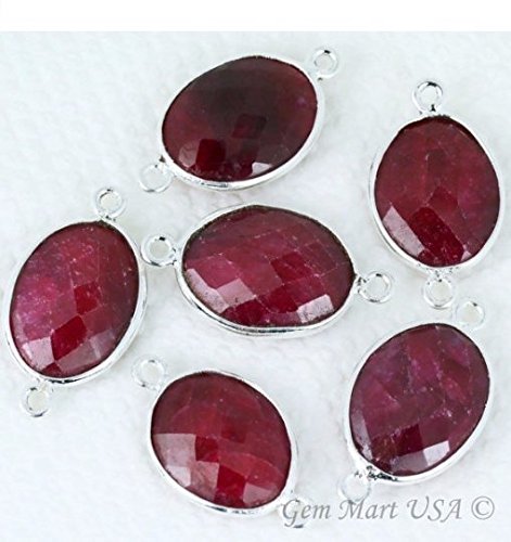 Natural Ruby, Bezel Connector Oval Shape 12x16mm Silver Plated Gemstone Connector/Pendant (RB-10180)