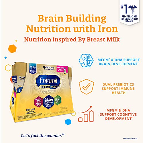 enfamil neuropro fórmula para bebés lista para usar, lista para alimentar, apoyo cerebral e inmunológico con dha, hierro y prebióticos, sin omg, 8 fl oz  , total de 24 botellas