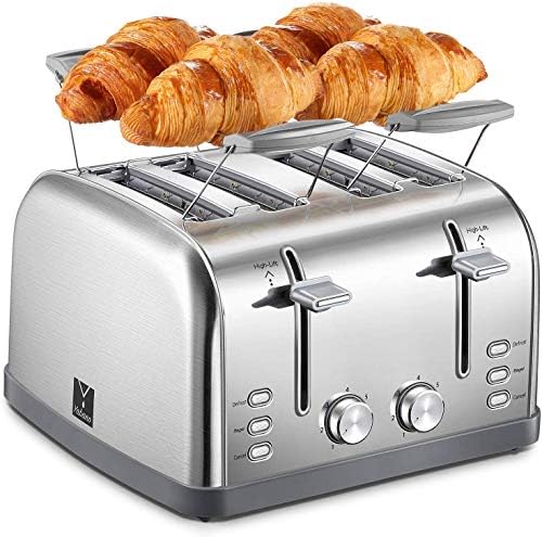 Yabano 4 Slice Toaster Retro Bagel Toaster With 7 Bread Shade Settings And Warming Rack 4 Extra Wide Slots Defrost/Bagel/Cancel Function Removable Crumb Tray Stainless Steel Toaster Silver