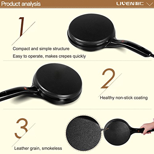 Liven Electric Crepe Maker with Non-Stick Coating and Automatic Temperature Control for Perfect Crepes, Blintzes, Pancakes, Bacon, 8 Inch Diameter 120V BC-11