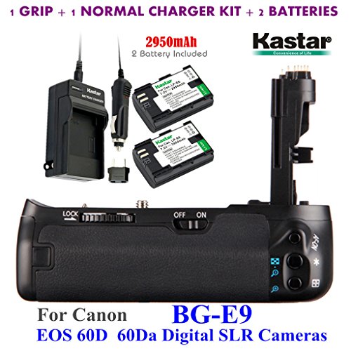 Kastar Pro Multi-Power Vertical Battery Grip (Replacement for BG-E9) + 2x LP-E6 Replacement Batteries + Charger Kit for Canon EOS 60D 60Da Digital SLR Cameras