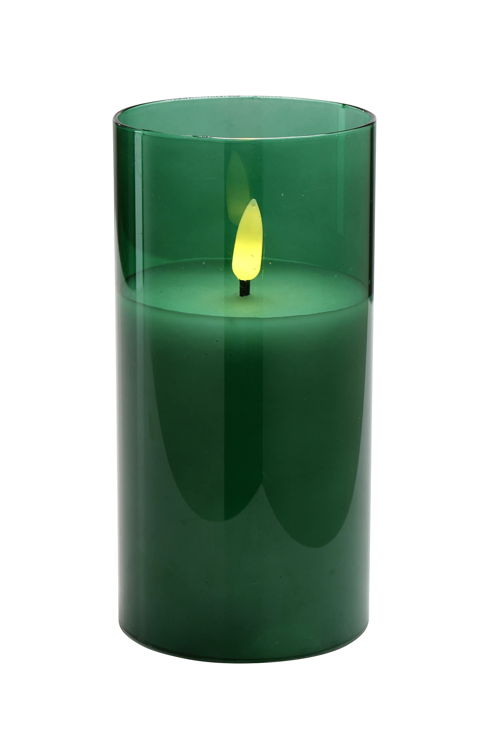 Klocke Dekorationsbedarf Elegant LED Candle in Glass Timer Realistic Flickering (Green, Height: 15 cm, Diameter: 7.5 cm)