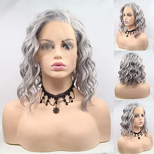 Silver Gray Lace Front Wigs Grey Bob Wigs for Women Short Curly Silver Wig Lace Real Wigs Natural Hairline Glueless Synthetic Lace Front Wig Drag Queen Costume Cosplay 14Inch - Image 3