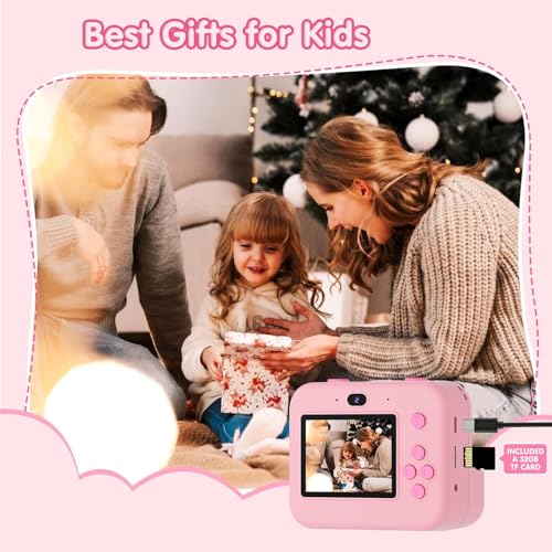 ASTGMI Children's Instant Camera, 2.4 Inch 1080P Children's Selfie Camera with Printing Paper and 32GB Card, Toy Christmas Gift Boy and Girl 3 4 5 6 7 8 Years (Pink)