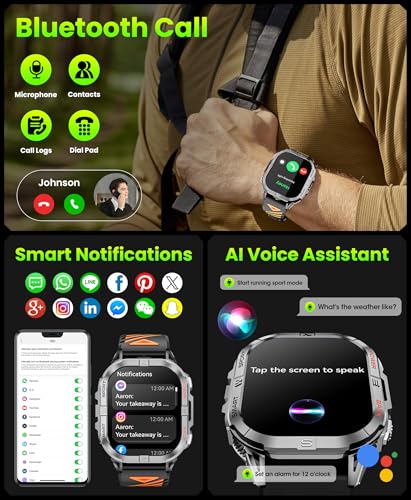 Military Smart Watch for Men, Rugged GPS Watch with LED Flashlight Compass, 2.13" AMOLED Smart Watches(Answer/Dial Calls), 3ATM Waterproof Fitness Tracker with Heart Rate/Sleep for iPhone (Black)