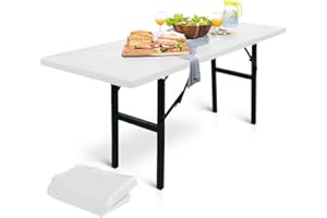 LINPRO 2Pk Plastic Table Cloths Disposable for Parties 8ft Picnic Table Covers with Elastic Fitted Camping Tablecloth Elastic Table Cover Rectangle White Tablecloth Waterproof Outdoor & folding tables