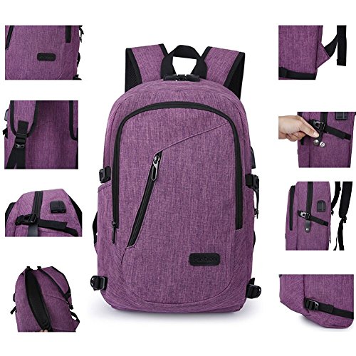 Anti-theft Backpack,35L Daypack Backpack with USB Charging Port Headphone Interface and Password Lock,Daily Waterproof Rucksack,Laptop Backpack for 12-16 inches Laptop (Purple)