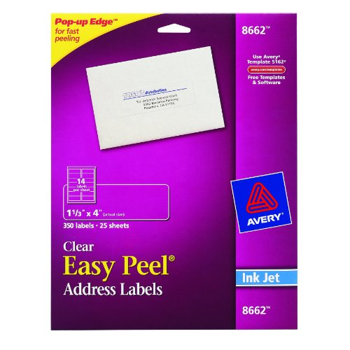 Avery Easy Peel Address Labels for Inkjet Printers, Clear, 1.333 x 4 Inches, Pack of 350 (8662), Office Central