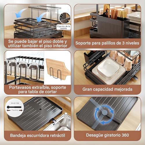 GALASALA Escurridor de Trastes, Extensible 2 Niveles Escurridor de trastes Acero Inoxidable, escurridor de Platos con Bandeja de Goteo sobre Fregadero para Encimera de Cocina